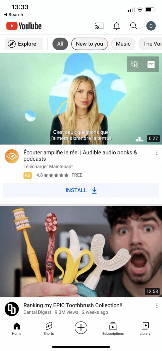 YouTube移动应用程序上的短裤按钮