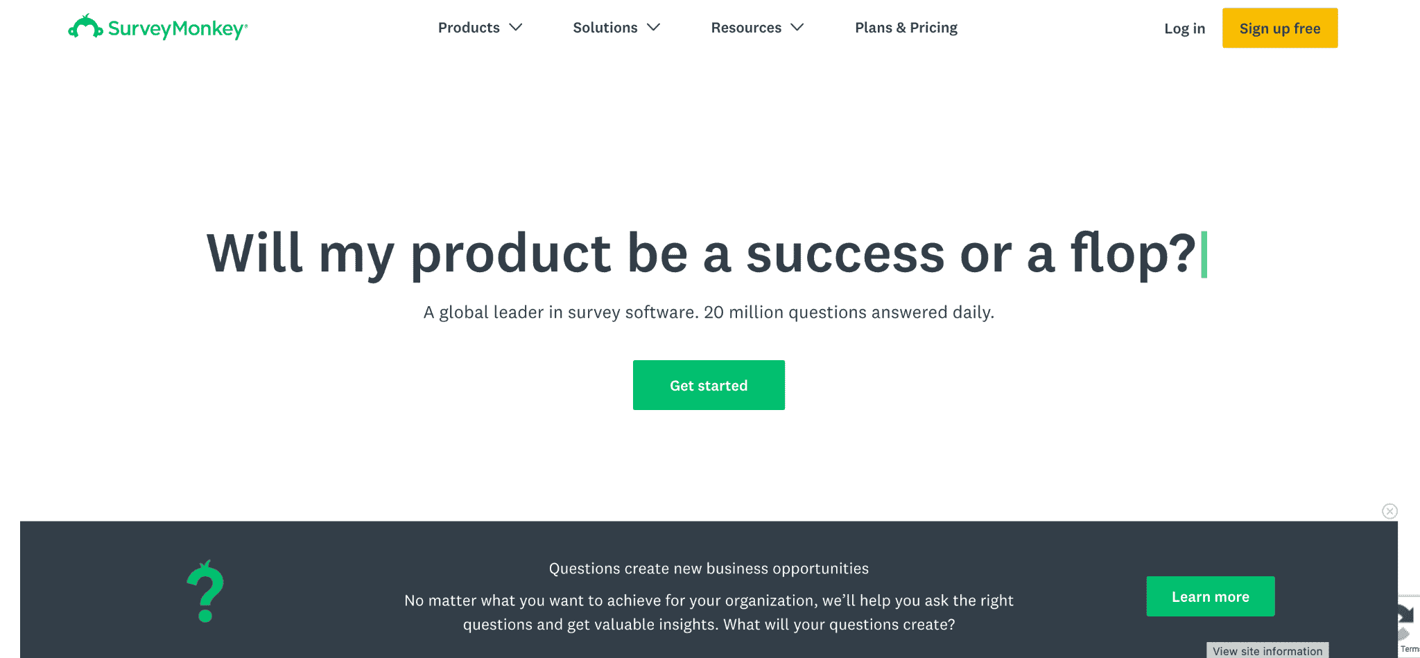 Página de inicio de SurveyMonkey。aprecen different preguntas, incluyendo 