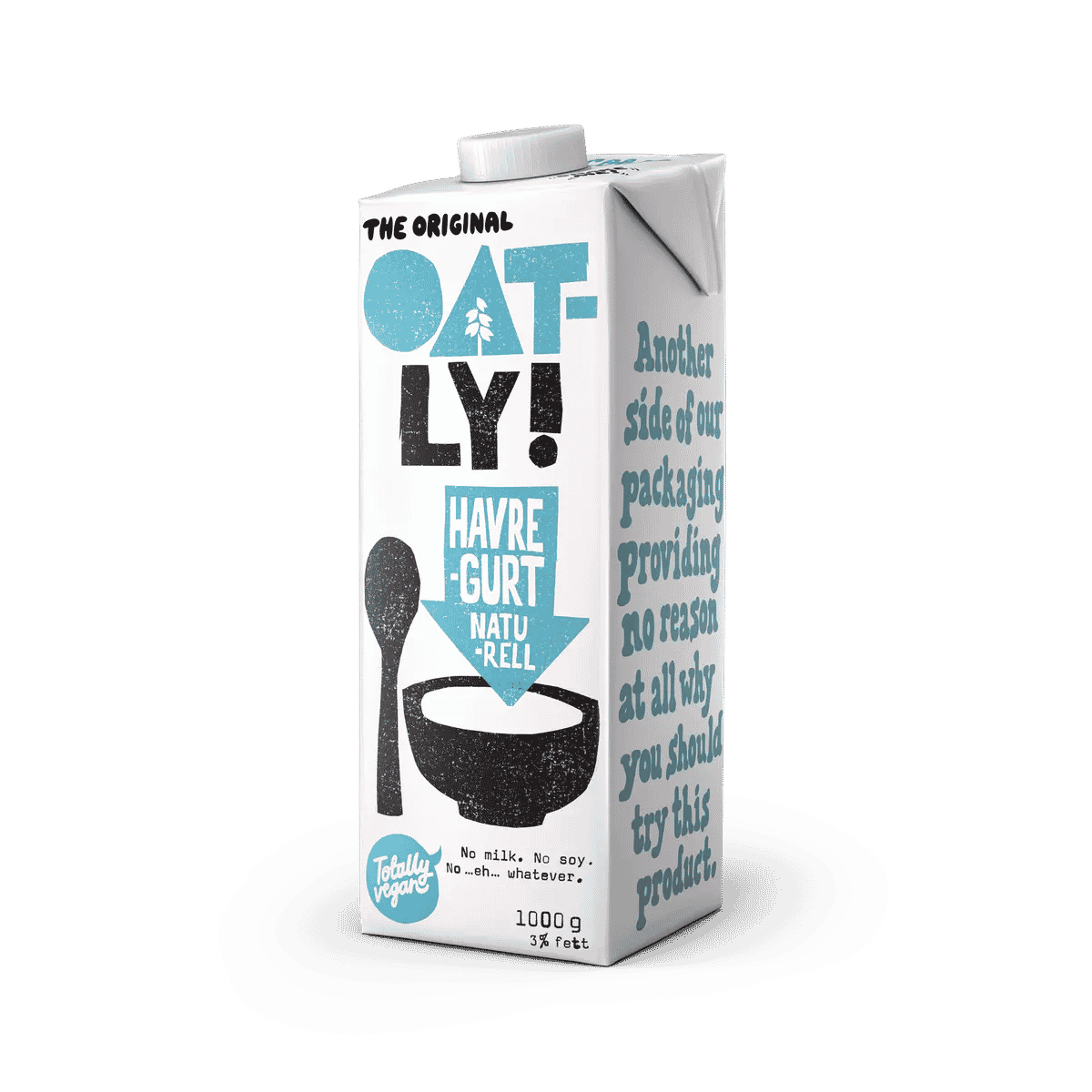 Imagen de un envase de yogur Oatly。En el lateral se lee:“我们的心灵之路razón生产之路”