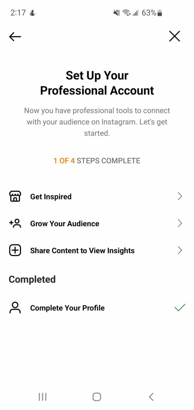 在Instagram上设置业务配置文件后，步骤1选项