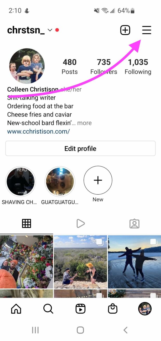 Instagram个人资料右上角的汉堡菜单