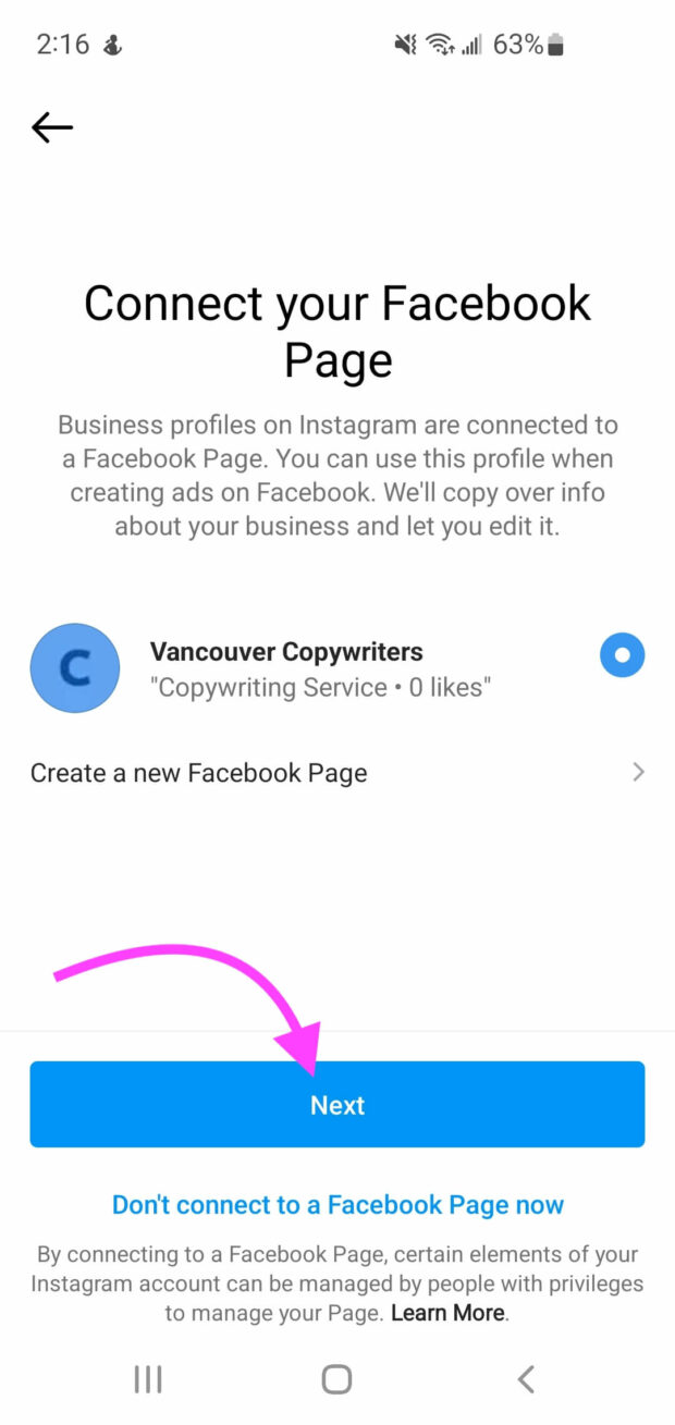 选择是否将Facebook页面连接到您的Instagram个人资料